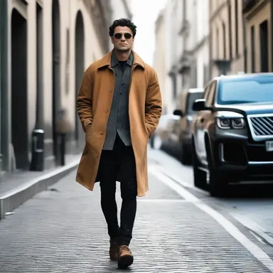 In the movie, the main character wears a stylish outerwear jacket while walking through the city streets.