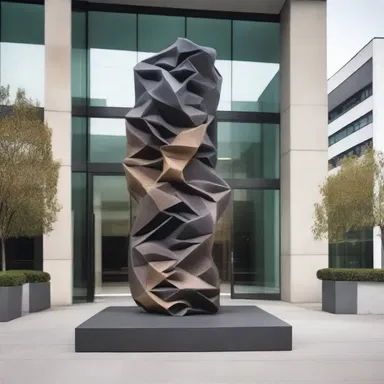 The entrance of the modern building was adorned with a sculpture made from outerwear materials.