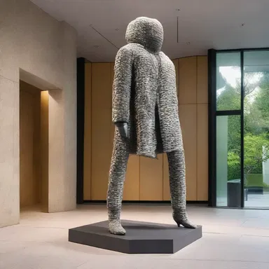The entrance of the modern building was adorned with a sculpture made from outerwear materials.