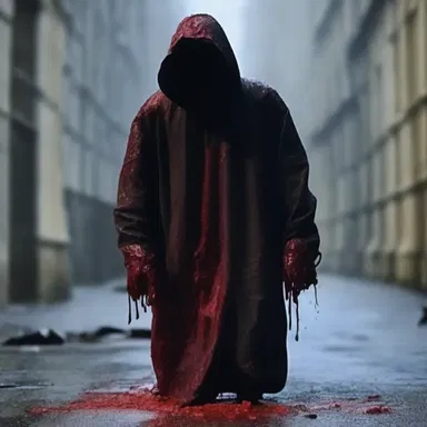 The terrifying figure emerged from the darkness, draped in torn outerwear that had been splattered with blood.