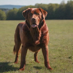 A gigantic, ruby-red dog standing majestically in a sunlit meadow.