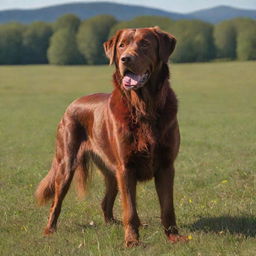 A gigantic, ruby-red dog standing majestically in a sunlit meadow.