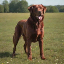 A gigantic, ruby-red dog standing majestically in a sunlit meadow.