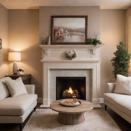 A cozy and tastefully decorated room with warm ambient lighting, plush furniture, a quaint fireplace, and chic decor elements