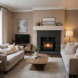 A cozy and tastefully decorated room with warm ambient lighting, plush furniture, a quaint fireplace, and chic decor elements