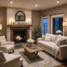 A cozy and tastefully decorated room with warm ambient lighting, plush furniture, a quaint fireplace, and chic decor elements