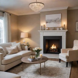 A cozy and tastefully decorated room with warm ambient lighting, plush furniture, a quaint fireplace, and chic decor elements