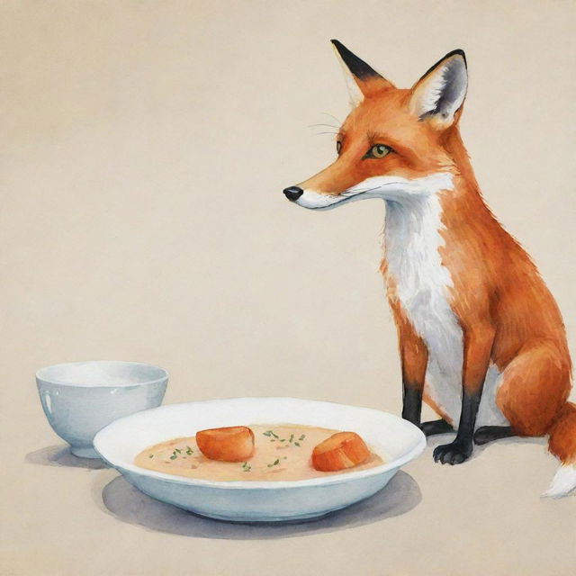 Illustrate a story inspired by the 'Fox and the Stork' fable, showing moments such as the dinner invitation, the use of mismatched bowls, and the clever retaliation, with themes emphasizing the negative consequences of selfishness and the crucial role of empathy.