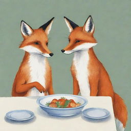 Illustrate a story inspired by the 'Fox and the Stork' fable, showing moments such as the dinner invitation, the use of mismatched bowls, and the clever retaliation, with themes emphasizing the negative consequences of selfishness and the crucial role of empathy.