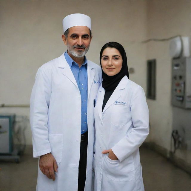 An Iranian couple. The man, a diligent power plant electrical engineer, dressed in professional work attire. The woman, a dedicated healthcare provider, wearing a white medical coat.