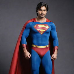 Harshad Chopra, an Indian actor, depicted as a muscular Superman in traditional superhero attire with caped suit and insignia.