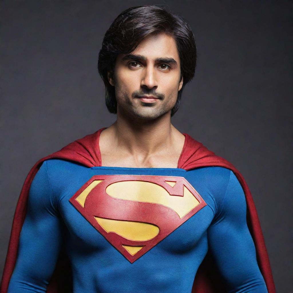 Harshad Chopra, an Indian actor, depicted as a muscular Superman in traditional superhero attire with caped suit and insignia.