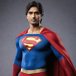 Harshad Chopra, an Indian actor, depicted as a muscular Superman in traditional superhero attire with caped suit and insignia.