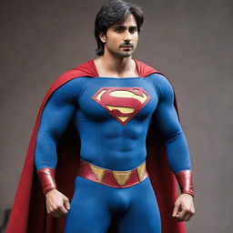 Harshad Chopra, an Indian actor, depicted as a muscular Superman in traditional superhero attire with caped suit and insignia.