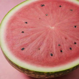 A juicy watermelon with a vibrant pink flesh, seeds dotted throughout its succulent inside, nestled in a green striped rind