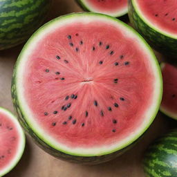 A juicy watermelon with a vibrant pink flesh, seeds dotted throughout its succulent inside, nestled in a green striped rind