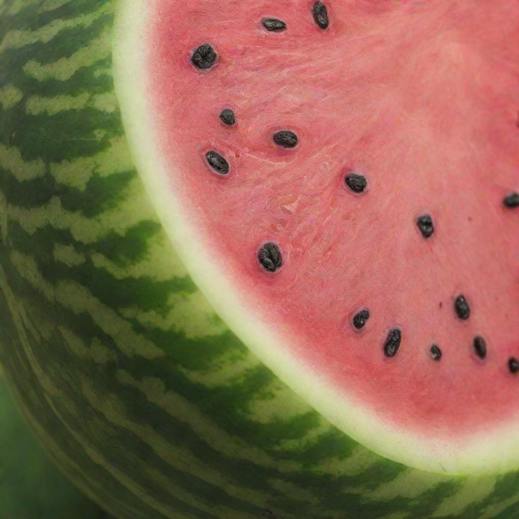 A juicy watermelon with a vibrant pink flesh, seeds dotted throughout its succulent inside, nestled in a green striped rind