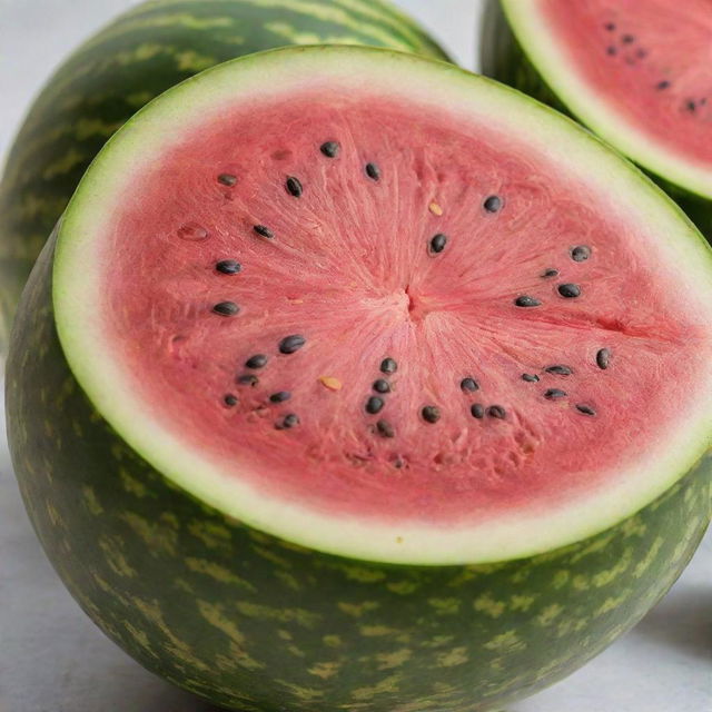 A juicy watermelon with a vibrant pink flesh, seeds dotted throughout its succulent inside, nestled in a green striped rind