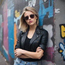 A rebellious looking girl with edgy fashion, sunglasses, and a confident smirk. She is leaning against a graffiti wall.