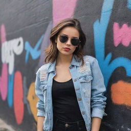 A rebellious looking girl with edgy fashion, sunglasses, and a confident smirk. She is leaning against a graffiti wall.