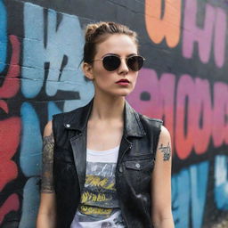 A rebellious looking girl with edgy fashion, sunglasses, and a confident smirk. She is leaning against a graffiti wall.