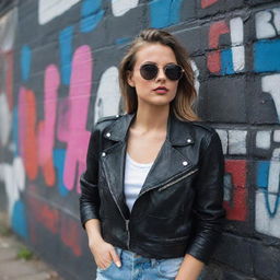 A rebellious looking girl with edgy fashion, sunglasses, and a confident smirk. She is leaning against a graffiti wall.