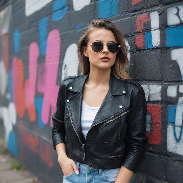 A rebellious looking girl with edgy fashion, sunglasses, and a confident smirk. She is leaning against a graffiti wall.