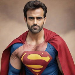 Indian actor Pearl V Puri depicted as a muscular Superman in a traditional superhero costume with a flowing cape and distinctive emblem.