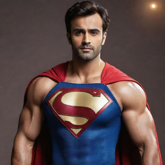 Indian actor Pearl V Puri depicted as a muscular Superman in a traditional superhero costume with a flowing cape and distinctive emblem.