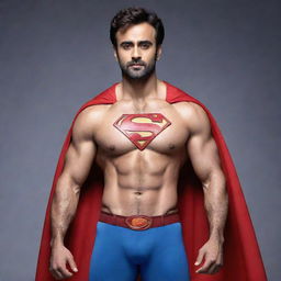 Indian actor Pearl V Puri depicted as a muscular Superman in a traditional superhero costume with a flowing cape and distinctive emblem.