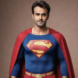 Indian actor Pearl V Puri depicted as a muscular Superman in a traditional superhero costume with a flowing cape and distinctive emblem.