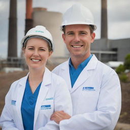 An Australian couple, where the man is a power plant electrical engineer in full work attire and the woman is a healthcare professional in her medical uniform. Both are showing pride and happiness in their professions.