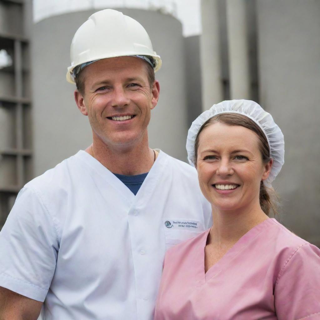 An Australian couple, where the man is a power plant electrical engineer in full work attire and the woman is a healthcare professional in her medical uniform. Both are showing pride and happiness in their professions.