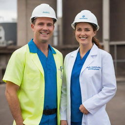 An Australian couple, where the man is a power plant electrical engineer in full work attire and the woman is a healthcare professional in her medical uniform. Both are showing pride and happiness in their professions.