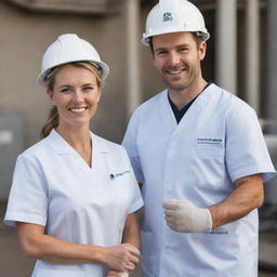 An Australian couple, where the man is a power plant electrical engineer in full work attire and the woman is a healthcare professional in her medical uniform. Both are showing pride and happiness in their professions.