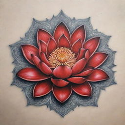 An intricate tattoo design of a beautiful and vibrant red lotus flower.