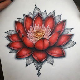 An intricate tattoo design of a beautiful and vibrant red lotus flower.