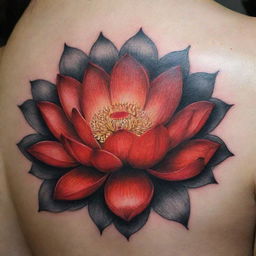 An intricate tattoo design of a beautiful and vibrant red lotus flower.