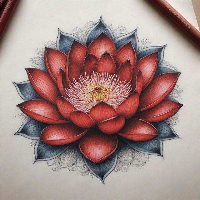 An intricate tattoo design of a beautiful and vibrant red lotus flower.