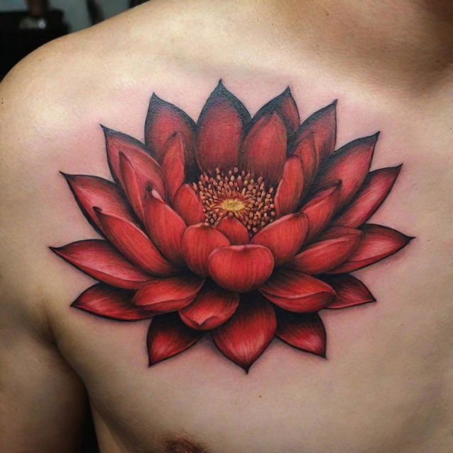 An intricate and detailed tattoo of a red lotus flower, symbolizing purity and enlightenment, with a bold and vibrant shade of red.