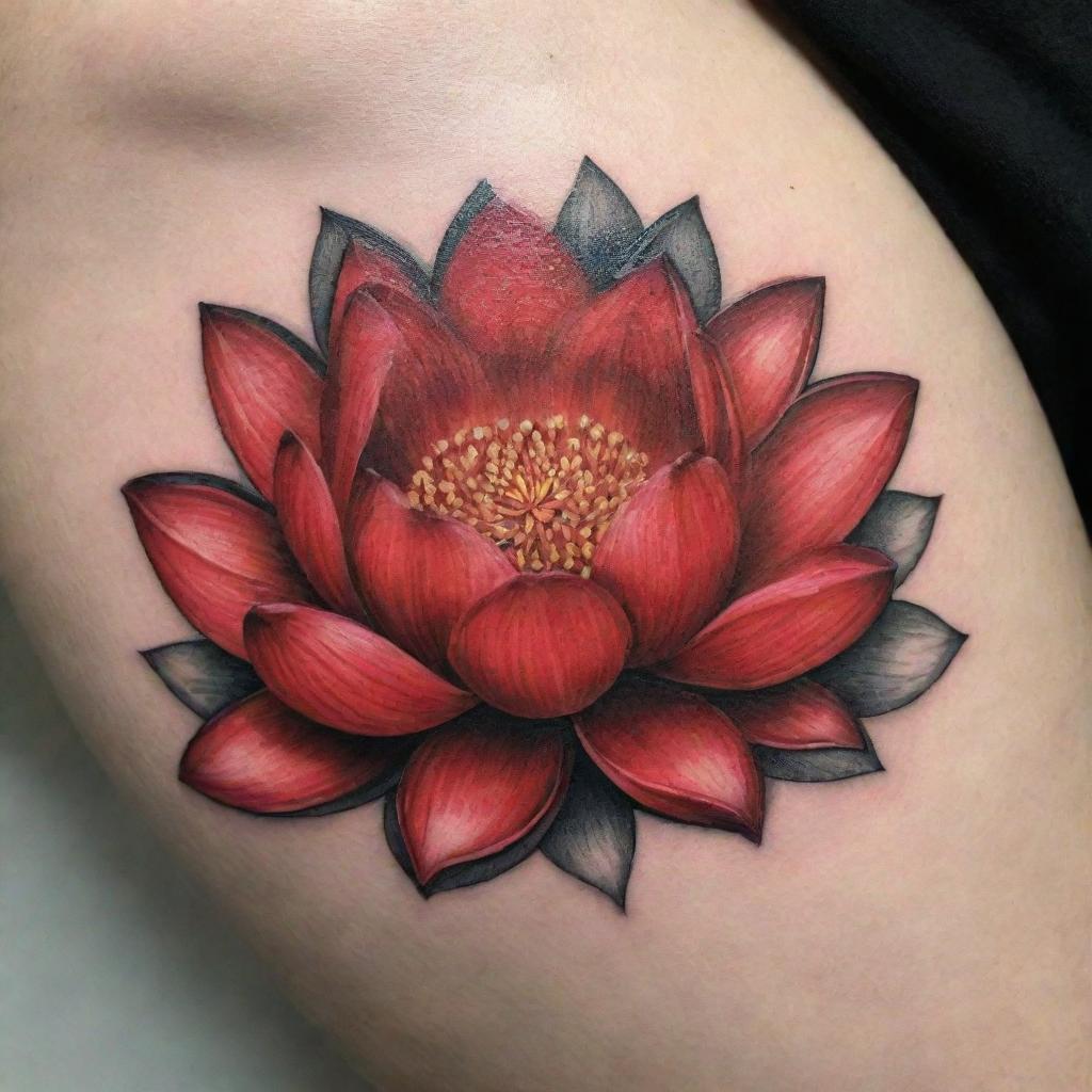 An intricate and detailed tattoo of a red lotus flower, symbolizing purity and enlightenment, with a bold and vibrant shade of red.