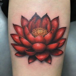 An intricate and detailed tattoo of a red lotus flower, symbolizing purity and enlightenment, with a bold and vibrant shade of red.