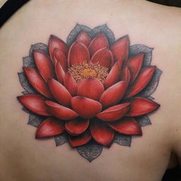 An intricate and detailed tattoo of a red lotus flower, symbolizing purity and enlightenment, with a bold and vibrant shade of red.