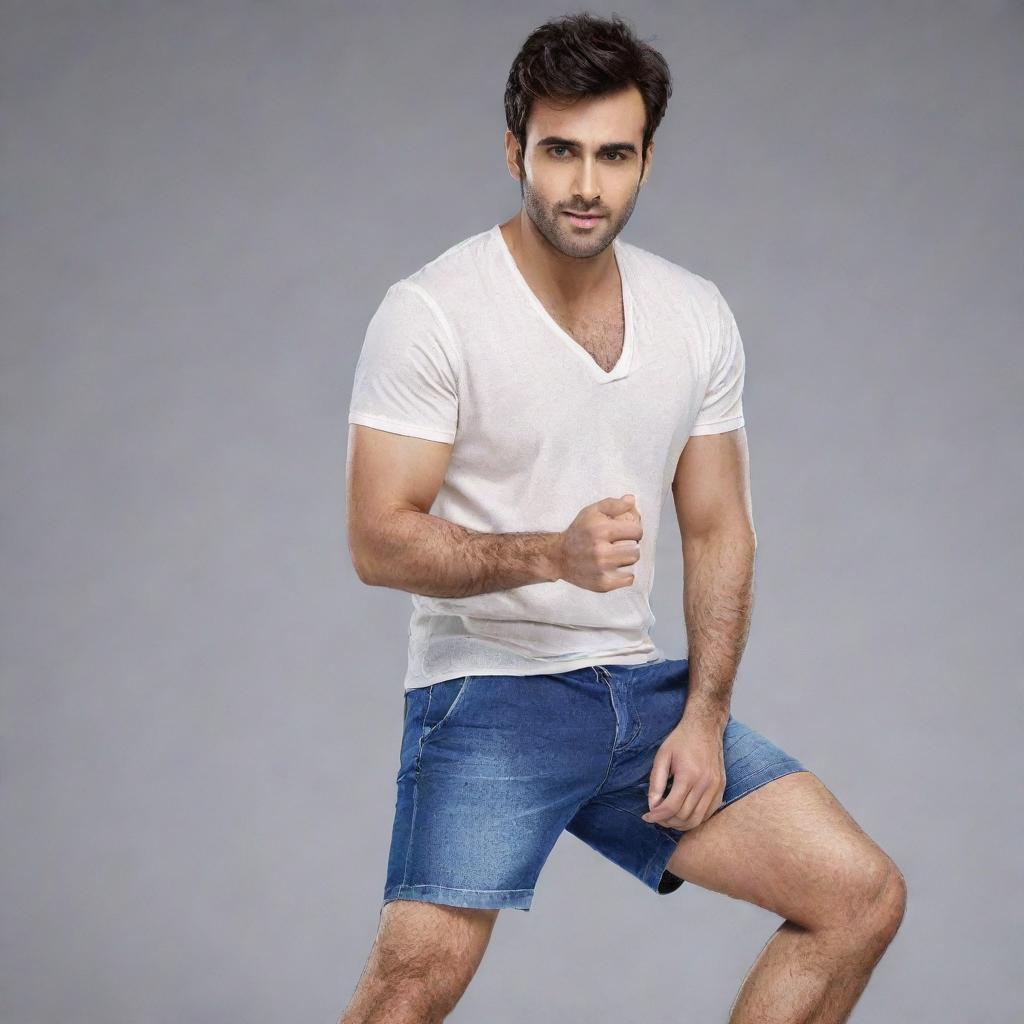 Pearl V Puri, a handsome Indian actor, wearing shorts in a stylish advertisement. He is in a dynamic pose with his legs spread apart.