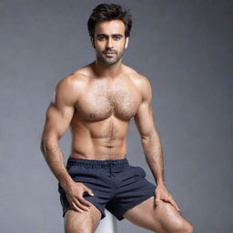 Pearl V Puri, a handsome Indian actor, wearing shorts in a stylish advertisement. He is in a dynamic pose with his legs spread apart.