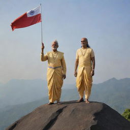 Two regal South Indian kings standing on a majestic mountain peak, swords in hands, with a flag depicting two fish fluttering in the wind.