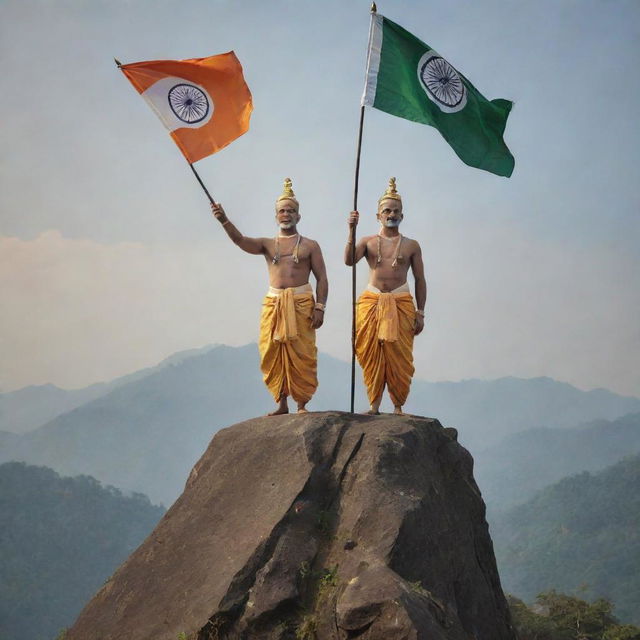 Two regal South Indian kings standing on a majestic mountain peak, swords in hands, with a flag depicting two fish fluttering in the wind.