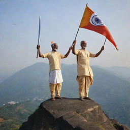 Two regal South Indian kings standing on a majestic mountain peak, swords in hands, with a flag depicting two fish fluttering in the wind.