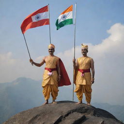 Two regal South Indian kings standing on a majestic mountain peak, swords in hands, with a flag depicting two fish fluttering in the wind.