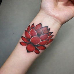 A simple yet elegant design of a red lotus tattoo inked on the wrist, exuding serenity and strength.